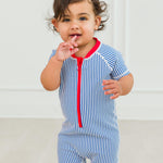 RUGGEDBUTTS Baby/Toddler Boy Swimsuit, One Piece Zipper Rash Guard Sunsuit with UPF 50+ Sun Protection - Blue Seersucker, 12-18m