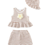 SODLON Baby Girl Clothes 12 18 Months Infant Girl Clothes Ruffle Sleeveless 3D Daisy Tank Top Khaki Striped Shorts Sets with Hat Cute Casual Vacation Summer Outfits Clothing
