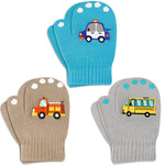 3 Pairs Kids Knitted Mittens Toddler Winter Gloves Boys Full Finger Warm Mittens (3 Pairs-Car)