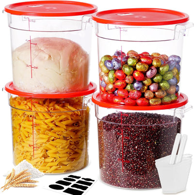 Set of clear containers with red lids, filled with various food items and measuring tools.