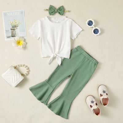 Kucnuzki 2T-3T Toddler Girl Outfit - Cute Stuff Short Sleeve Ruffle Tops Shirt & Green Pants Set for 2-3 Years Old
