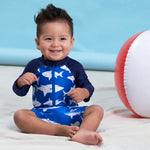 Gerber Baby Boys Toddler Long Sleeve One Piece Sun Protection Rashguard Swimsuit, Blue and White Sharks, 2T