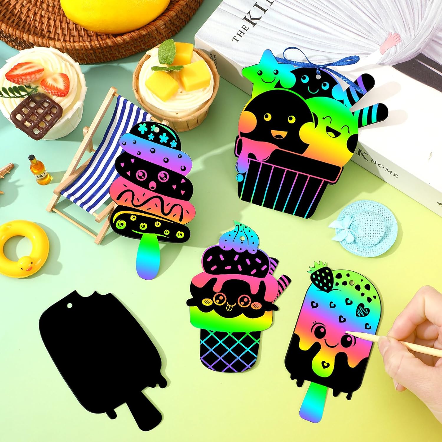 JULMELON 36 PCS Summer Crafts, Rainbow Scratch Art Summer Gifts Magic Color Ice Cream Scratch Cards DIY Sweet Candy Ornament for Party Favors School Activities