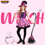 Spooktacular Creations Girls Light Up Witch Costume, Kids Witch Costume with Hat and Broom for Toddler Halloween Dress Up Parties (Small (5-7 yr))