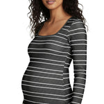 Motherhood Maternity Women's Long Sleeve Ribbed Square Neck Bodycon Casual Pregnancy Dress, Black/White Double Stripe, Large