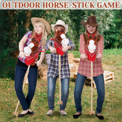 Poen 2 Sets Stick Horse with Red and Blue Bandana, Brown Horse on a Stick with Sound 27.6" Toys for Western Cowboy Theme Party Pretend Games
