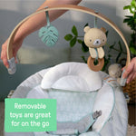 Ingenuity Cozy Spot Soothing Baby Bouncer with Wooden-Toy Arch, Natural Rubber-Toy, Safety Harness, Music & Auto-Shutoff, 0-6 Months, Grey