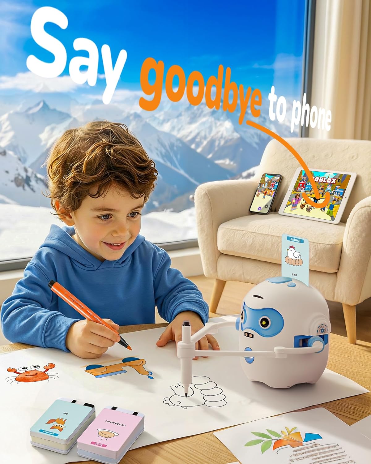 QIBOX Drawing Robot for Kids, 4-in-1 Draw/Learn/Spell/Music Interactive Educational Robot Drawing Machine with 100 Cards & 12 Color Pens,Learning Toys for 3 4 5 6 7 8 Year Old Boys Girls Birthday Xmas