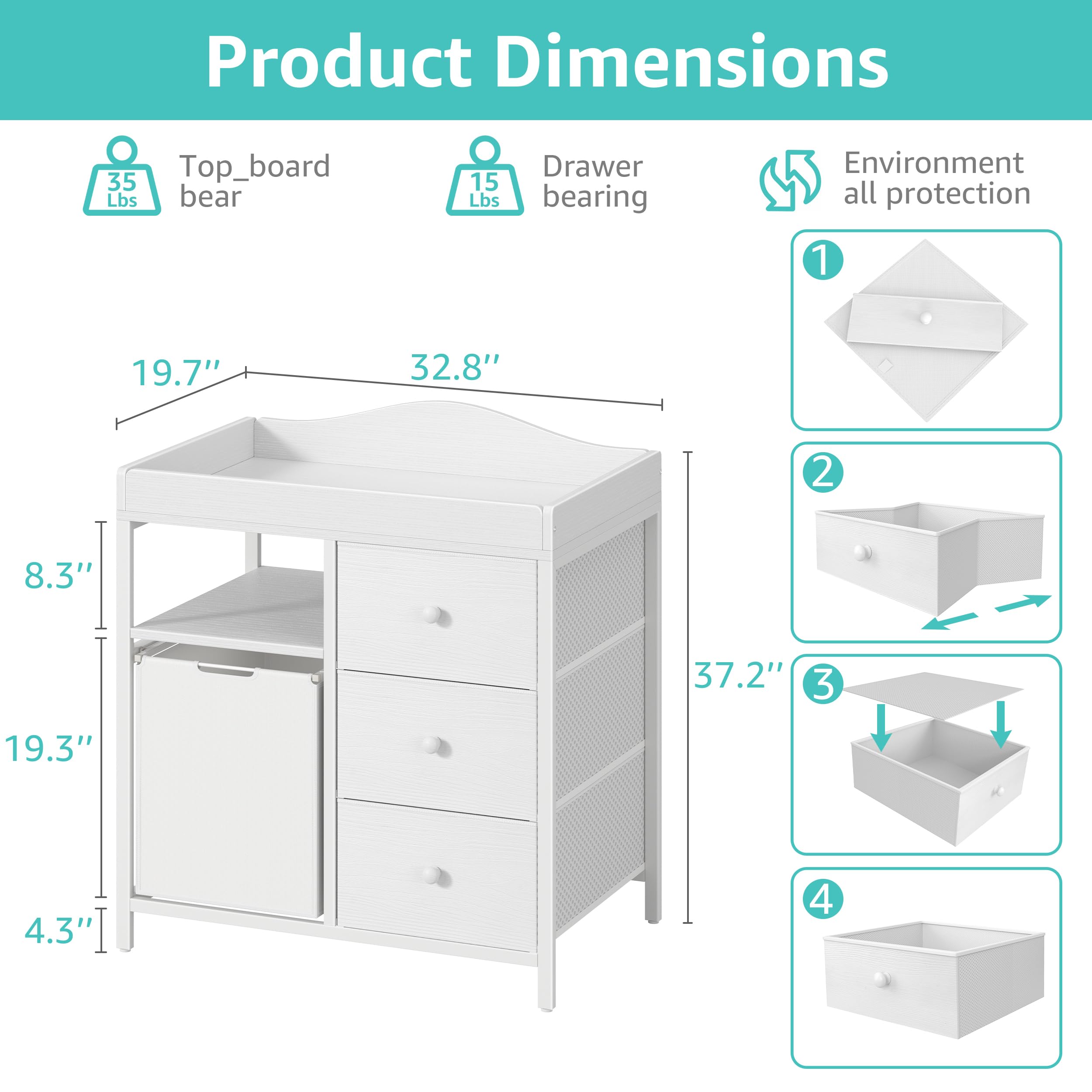 BOLUO White Changing Table with 3 Fabric Drawers - Changing Tables ...