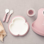 BabyBjörn Baby Dinner Set, 5 pcs, Powder pink Includes Baby Plate, Baby Fork, Baby Spoon, and Baby Cup Dishwasher Safe Toddler feeding set for self-feeding or baby-led weaning