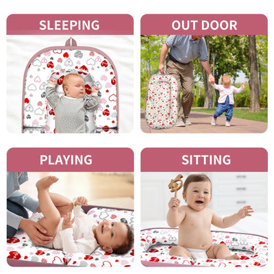 GloTika Baby Lounger, Foldable Infant Nest Pillow with Soft Memory Foam Mat, Cover with Adorable Pattern, Converts to Backpack for Easy Travel, 0-12 Months, Pink