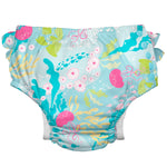 i play. by green sprouts Reusable, Eco Snap Ruffled Swim Diaper with Gussets, UPF 50, 12 mo, Aqua Coral Reef, Patented Design, STANDARD 100 by OEKO-TEX Certified