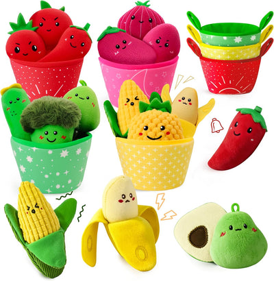 Set of colorful plush toys shaped like fruits and vegetables on a white background