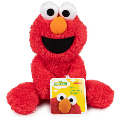 Red plush toy with a tag on a white background