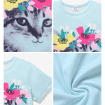 PATPAT Girls Shirts Size 11-12 Blue Cat Print Graphic Tees, Girls Clothes Size 10 12, Crew Neck Short Sleeve Blue Tops Children Clothes Going Out Outfit Preppy Tops