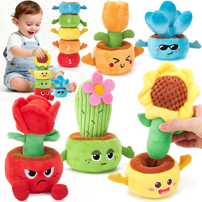 Colorful plush plant toys with expressive faces on a white background, including a baby playing with them.