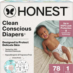 The Honest Company Clean Conscious Diapers for Delicate Skin | Up to 100% Leakproof | Hypoallergenic, Fragrance Free | Gender Neutral | Club Box, Size 1 (8-14 lbs), 78 Count (Prints May Vary)