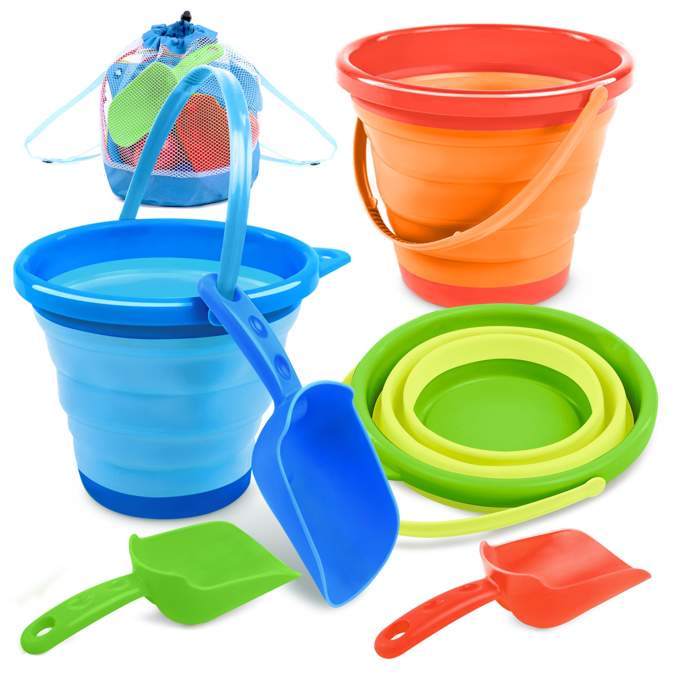 JOYIN 3 Packs Foldable Pail Bucket with Shovels & Mesh Bag, Collapsible Buckets Multi Purpose for Beach, Camping Gear, Beach Party, Fishing, and Fun Summer Activities (Yellow/Blue/Green)