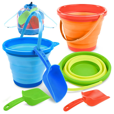 JOYIN 3 Packs Foldable Pail Bucket with Shovels & Mesh Bag, Collapsible Buckets Multi Purpose for Beach, Camping Gear, Beach Party, Fishing, and Fun Summer Activities (Yellow/Blue/Green)