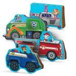 Set of wooden toy vehicles with character illustrations on a white background