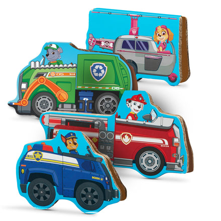 Set of wooden toy vehicles with character illustrations on a white background
