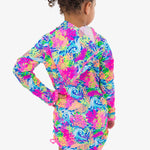 RuffleButts Girls UPF50+ Sun Protective Ruched Quarter-Zip Cover-Up - Neon Ocean Coral, 3-6m