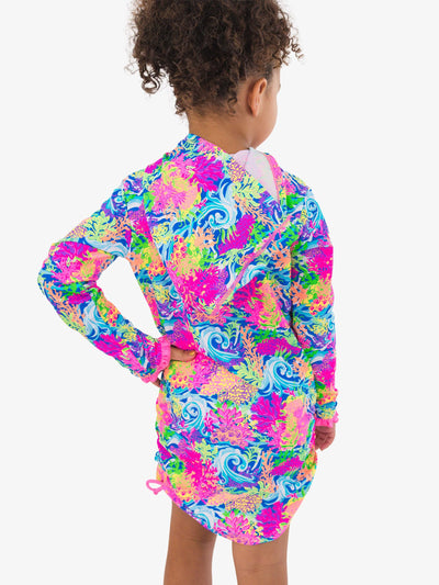 RuffleButts Girls UPF50+ Sun Protective Ruched Quarter-Zip Cover-Up - Neon Ocean Coral, 3-6m