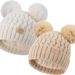 Toddler Winter Beanie Hat, Infant Winter Warm Knit Fleece Lined Cap for Girls Boys with Pom Pom for 0-36 Months 2 Packs