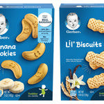 Gerber Toddler Snacks Variety Pack, 1 Box of Banana Cookies for Toddlers (5 oz) & 1 Box of Lil’ Biscuits for Toddlers (4.44 oz), Pack of 2
