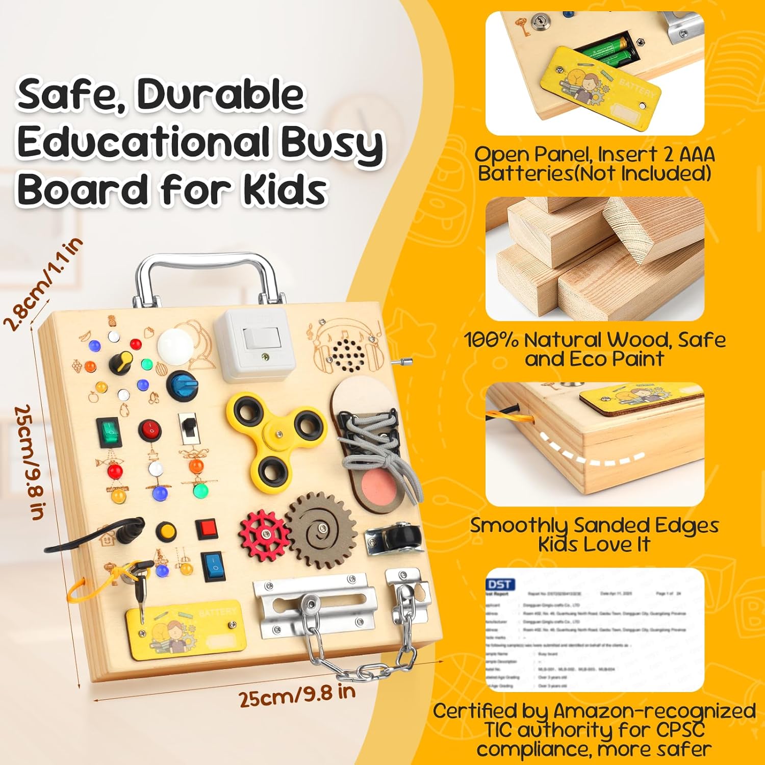 Wooden Busy Board with LED Light–Montessori Baby Learning Toys for Toddlers 1-4, Sensory Activity Board, Travel Toys & Educational Birthday / Christmas Music Gifts for 1+ Year Old Boy (Silver Handle)