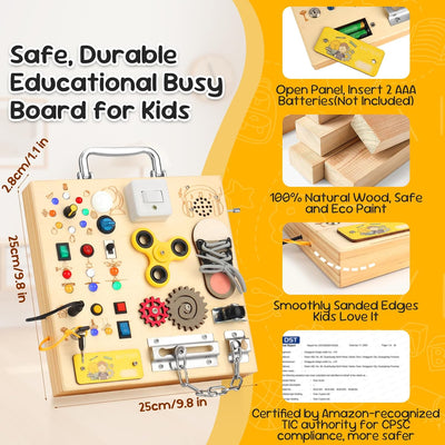 Wooden Busy Board with LED Light–Montessori Baby Learning Toys for Toddlers 1-4, Sensory Activity Board, Travel Toys & Educational Birthday / Christmas Music Gifts for 1+ Year Old Boy (Silver Handle)