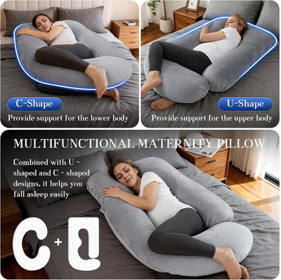 Pregnancy Pillows for Sleeping, U Shaped Full Body Maternity Pillow with Removable Velvet Cover - Support for Back, Legs, Belly, HIPS for Pregnant Women, 57 Inch Pregnancy Pillow for Women, Grey