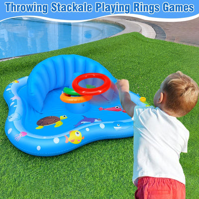 iGeeKid Baby Play Mat with Sprinkler, Inflatable Baby Pool Float with Canopy Backrest & Stackable Rings Water Sprinkler for Kids, Outdoor Water Play Toys for Toddlers Backyard Swimming Water Games