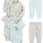 Simple Joys by Carter's Unisex Babies' 6-Piece Bodysuits (Short and Long Sleeve) and Pants Set, Grey/Mint Green/Elephant/Lamb, 3-6 Months