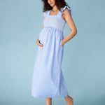 Motherhood Maternity Women's Sleeveless Ruffle Shoulder Smocked Maxi Pregnancy Dress, Blue/White Stripe, Medium