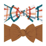 Baby Bling Bows - Newborn to Little Baby Girl Bows, 2 Pack Nylon Super Soft Stretchy Knot Toddler Headbands, Perfect Hair Accessories Head Bands for Infant Kids(Harvest Plaid & Camel)