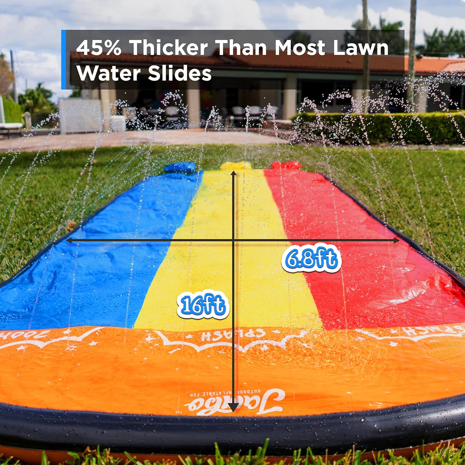JAMBO Premium 16Ft Slip Splash and Slide and 3 Bodyboards Updated Model, Heavy Duty Water Slide - 3-Way Sprinkler System, Splash Mat Pad, Backyard Outdoor Water Toys n Slides for Kids
