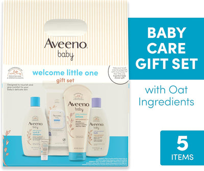 Aveeno Baby Welcome Little One Gift Basket, Baby Skincare Set with Nourishing Baby Body Wash & Shampoo, Calming Bath Wash, All Over Baby Wipes, & Daily Moisturizing Lotion, 5 Items