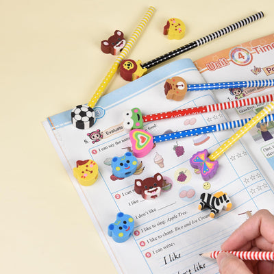 Adorable 30PCS Top Eraser Pencils for Kids' School Supplies,with Assorted Cartoon Color Stripe Erasers Topper (Multicolor30)