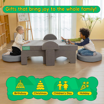 Frolic & Fun 16Pcs Modular Kids Play Couch for Toddlers, Fold Out Kids Couch Building Fort for Playroom Bedroom, Kid Convertible Explorer Sofa Cushions for Boys & Girls Grey
