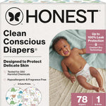 The Honest Company Clean Conscious Diapers for Delicate Skin, Up to 100% Leakproof Hypoallergenic Fragrance-Free Baby Diapers, Gender Neutral Prints, Club Box, Size Newborn, 72 Count (Prints May Vary)