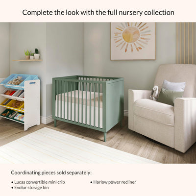 Dream On Me Lucas Mini Convertible Crib in Meadow Green, Rounded Spindles, Converts from a Baby Crib to Day Bed and Kids Sofa, Perfect for Small Spaces, Three Adjustable Mattress Height Positions