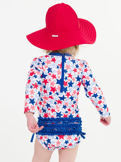 RuffleButts Baby Girls UPF 50+ Sun Protection Floral Printed Long Sleeve One Piece Rash Guard Swimsuit with Zipper