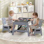 Costzon Kids Table and Chairs, Multifunctional Art Desk Set w/Chalkboard & Whiteboard, 4 Hooks, Large Storage Space and 2 Bins for Children 3+, Toddler Activity Table Set (Gray, 27.5” x 24” x 18”)