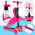 Hurtle 3 Wheeled Scooter for Kids - 2-in-1 Sit/Stand Child Toddlers Toy Kick Scooters w/ Flip-out Seat, Adjustable Height, Wide Deck, Flashing Wheel Lights, For Boys/Girls 1 Year Old+ (Pink)