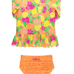 RuffleButts Baby/Toddler Girls Scalloped Long Sleeve Rash Guard 2-Piece UPF50+ Sun Protected Swimsuit - Neon Squeeze The Day, 2T