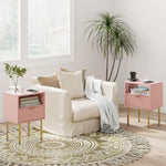 Masupu Nightstand with Charging Station,Mid-Century Modern Bedside Table with Storage Drawer and Open Wood Shelf,Small Gold Frame Side Table for Bedroom,Living Room (Pink)