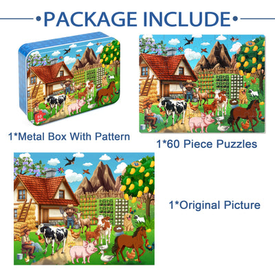 LELEMON Puzzles for Kids Ages 4-6, Farm Puzzle 60 Piece Puzzles for Kids in a Metal Box, Educational Kids Puzzles Jigsaw Puzzles Childrens Puzzle Games Puzzle Toys for Girls and Boys
