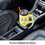 Silver Buffalo Spongebob Squarepants Smiling Face Stainless Steel Tumbler with Handle and Straw, Fits in Standard Cup Holder, 40 Ounces