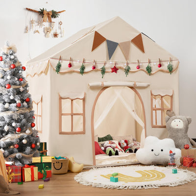 besrey Kids Tent, Kids Playhouse 2 in 1 with Padded Mat and Lights, Large Play Tent with 2 Doors & 4 Windows, Kids Play Tent Indoor & Outdoor, Christmas Toddler Tent for Kids, 51" x35" x 51"